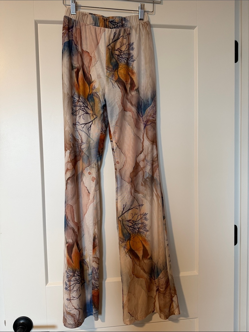 Fashion Nova Watercolor Floral Boot-Cut Pants in Beige, Blue & Mustard